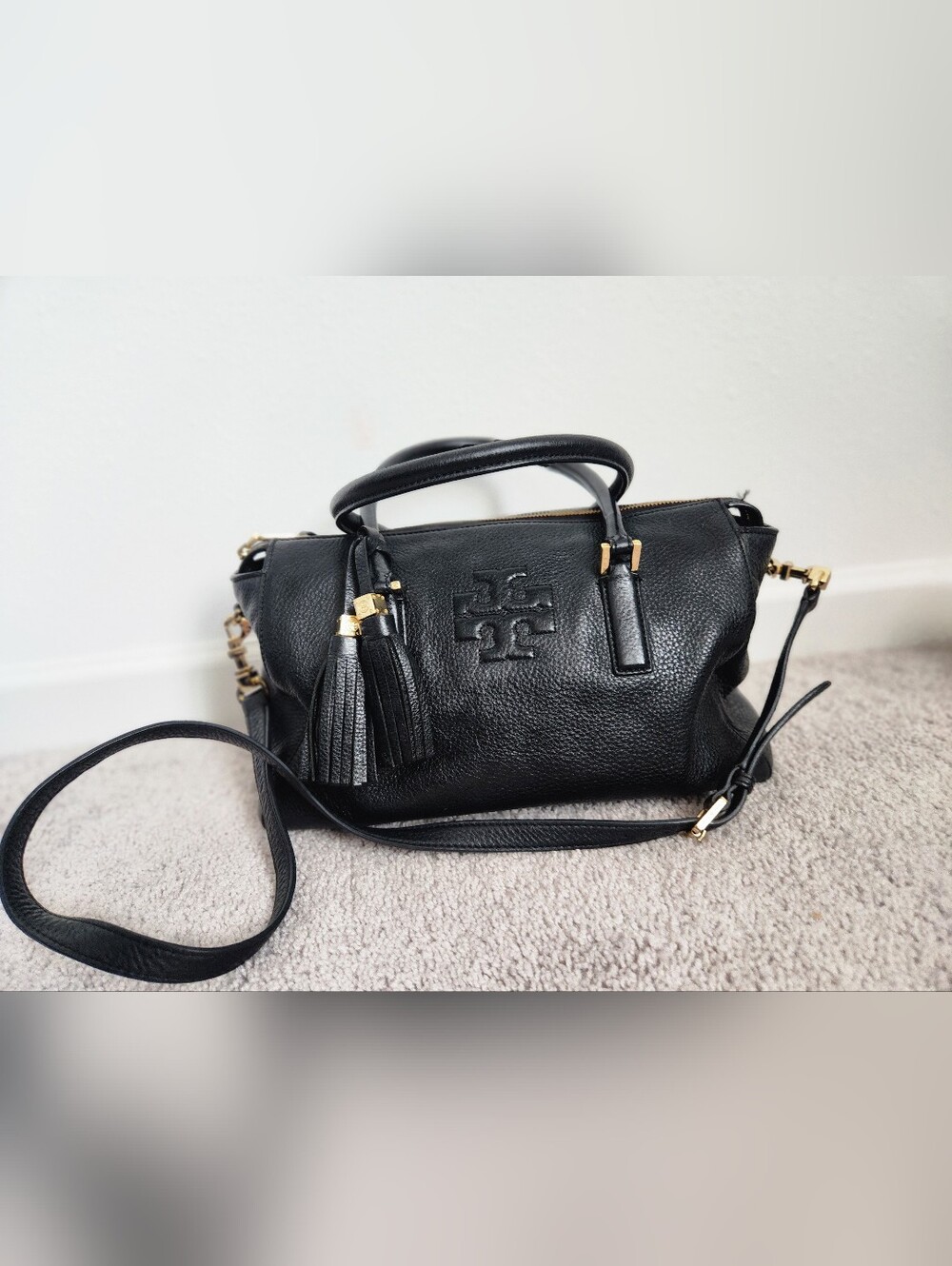 Tory Burch Black Leather Satchel with Tassel Detail